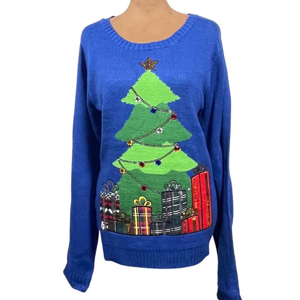 Karen Scott Womens XXL Royal Blue Sequin Christmas Tree Ugly Sweater Grandmacore